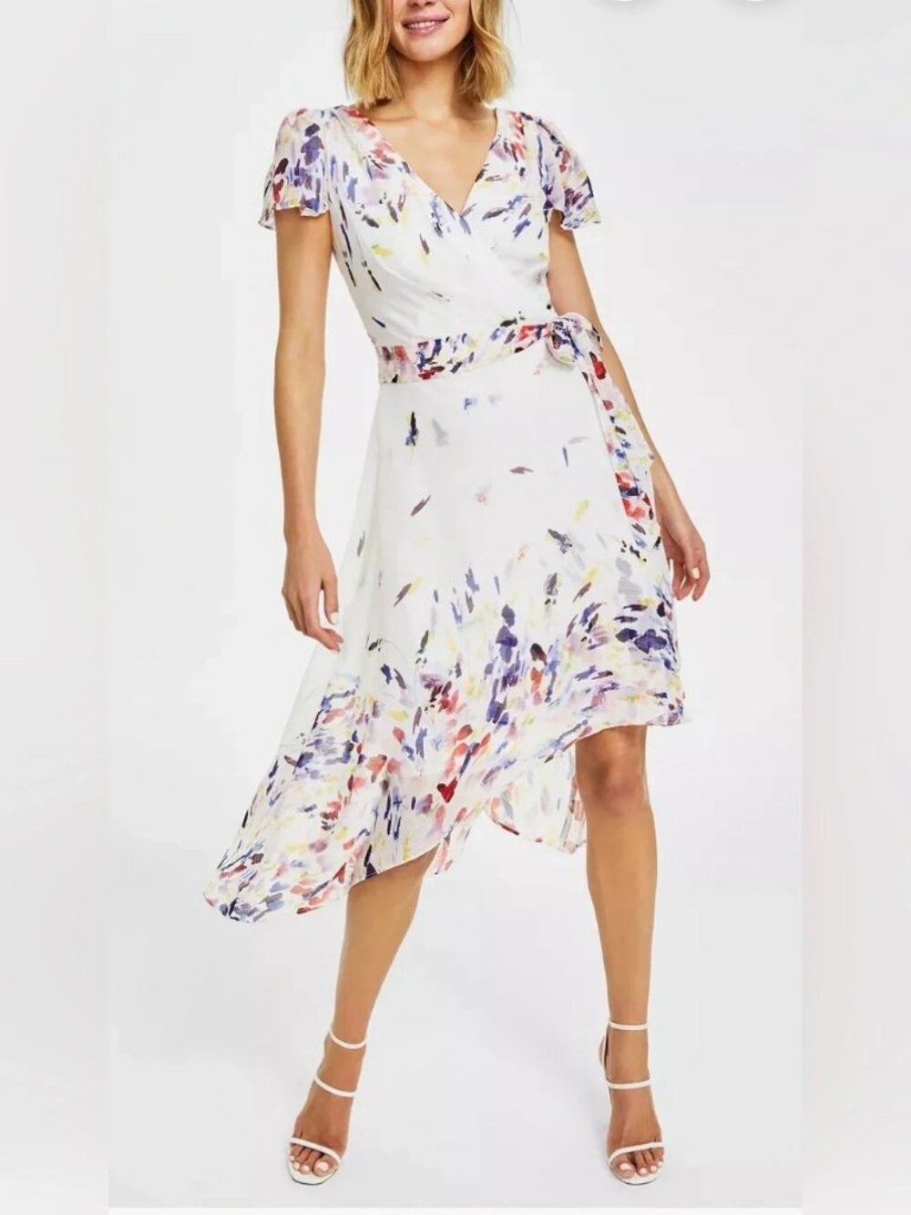 DKNY Womens Printed Flutter Sleeve Faux Wrap MIDI Dress Multi Color Size 8